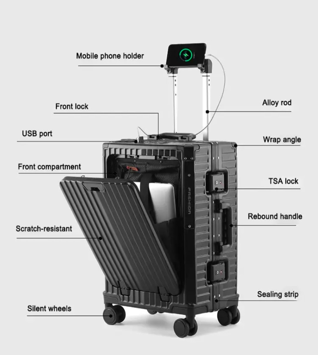 Black luggage with its features displayed